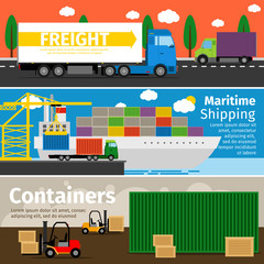Fototapeta premium Transportation of goods and delivery by trucks cargo containers flat horizontal banners vector illustration