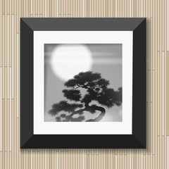 Japanese painting graphic art in frame with pine and moon on wooden background vector illustration