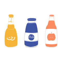 Set of vector hand drawn bottles on the white background. Lemonade, apple cider and milk doodle illustration