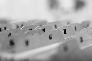 Close up of alphabetical index cards in box