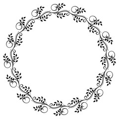 Round black and white frame with abstract decorative flowers. Vector clip art.