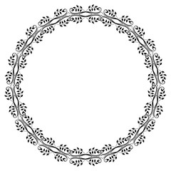 Round black and white frame with abstract decorative flowers. Vector clip art.