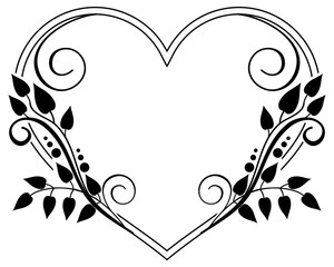 Heart-shaped black and white frame with floral silhouettes. Vector clip art.