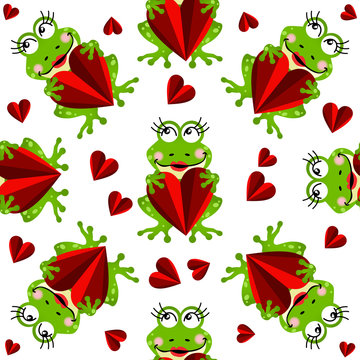 Seamless pattern with girls frogs and hearts
