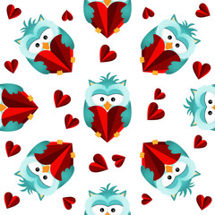 Seamless pattern with owls and hearts
