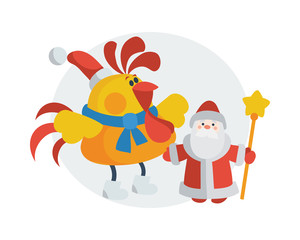 Rooster with Santa Claus Cartoon Flat Vector Icon