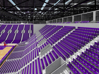 Beautiful sports arena for basketball with purple seats and VIP boxes