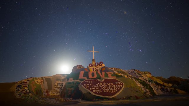 Astro Timelapse of Moonrise over Famous Painted Mountain in Slab City -Zoom In-