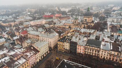 Fototapeta premium Top view on the old historical center of the city Lviv in Ukraine