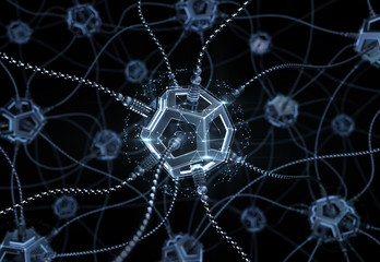 Artificial Neural Network. Neural nodes, connected together with a synaptic links in electronic cyberspace. 3D rendering image on the subject of 'Artificial Intelligence'.