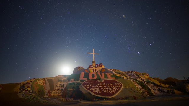 Astro Timelapse of Moonrise over Famous Painted Mountain in Slab City