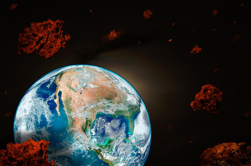 Planet Earth surrounded by meteorites. Elements of this image furnished by NASA.