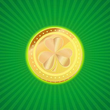 Gold coin with the image of shamrock clover on a vintage background. Element of design for St. Patrick's Day. Gold leprechaun. St. Patrick's day symbol. Vector illustration