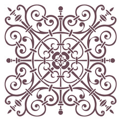 Hand drawing pattern for tile in dark brown, gray, black and white colors. Italian majolica style
