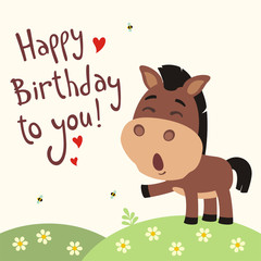 Happy birthday to you! Funny horse sings birthday song with gift in hand. Card with horse in cartoon style.
