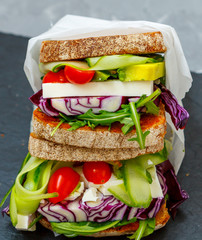 Two vegetarian sandwiches with feta cheese and vegetables, diet, vitamin snack.