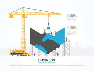 Crane and shaking hand building. Infographic Template. Vector Illustration.