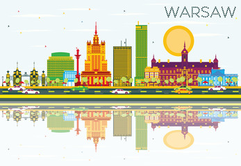 Warsaw Skyline with Color Buildings, Blue Sky and Reflections. - obrazy, fototapety, plakaty