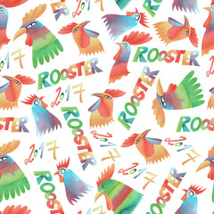 Year of the rooster. Watercolor rooster illustration. Seamless pattern.
