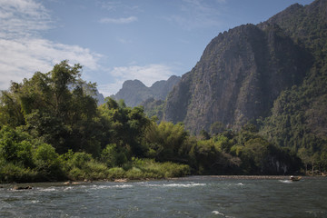 Fototapeta na wymiar Boat tour view in Vang Vieng, Laos