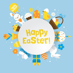 Fototapeta na wymiar Easter holiday round banner design with cute elements for graphic and web design