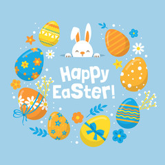 Easter holiday banner design with cute bunny and eggs decorations