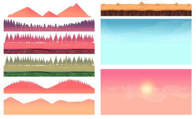 Cartoon nature landscape elements set, platform, trees, sky, hills and forest clip art, isolated on white,2d game application