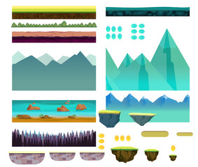 Cartoon nature landscape, vector unending background with ground, hills, river and sky layers. Game elements