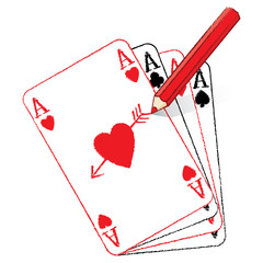 Pencil Drawing Ace of Hearts on fanned cards with arrow