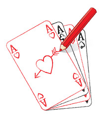 Pencil Drawing Various Ace of Hearts on fanned cards with arrow