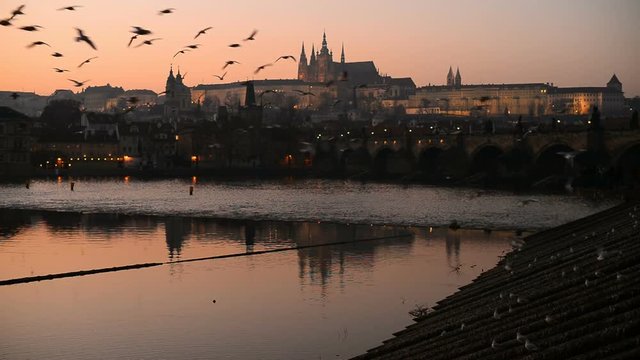 sunse over the Prague castle and Charles bridge, Prague, Bohemia, Czech republic, Europe
