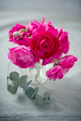 Close-up floral composition with a pink ranunculus flowers on the table.