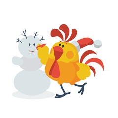 Rooster with Snowman Flat Vector Illustration