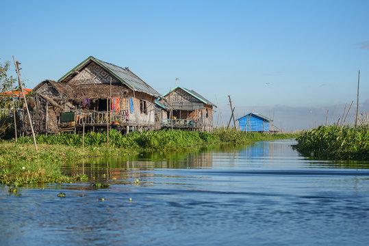 Traditional house and floating garden on Inle lake, myanmar