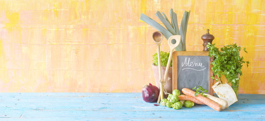 menu template, blackboard and food ingredients,panoramic,free copy space