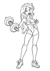 cartoon fitness girl workout,vector,illustration,logo,ink,black and white,outline,isolated on a white