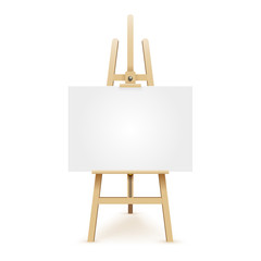 Wooden easel with mock up empty blank canvas isolated on white background. Vector illustration EPS 10.