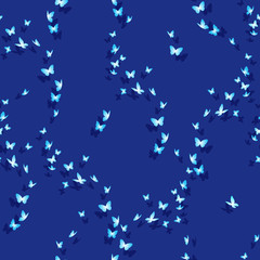 Seamless pattern with many glow butterflies. Illustration in blue colors for decorations and background.