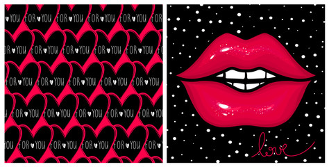 Stylish kit with fashion vector cards. Pink glow lips,seamless hearts background. Designs for Valentines day, Birthday.Stylish poster in vogue style. Contrast print.
