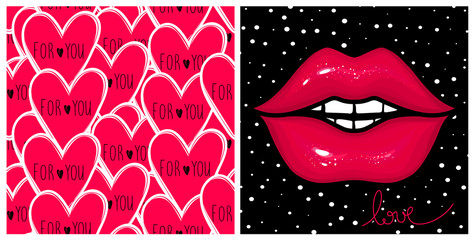 Stylish kit with fashion vector cards. Pink glow lips,seamless hearts background. Designs for Valentines day, Birthday.Stylish poster in vogue style. Contrast print.