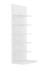 White blank empty showcase displays with retail shelves front view 3D rendering.