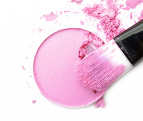Cosmetic powder brush circle box and crushed blush palette isolated on white