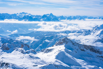 Fototapeta na wymiar View of Italian Alps from Plateau Rosa in the winter in the Aosta Valley region of northwest Italy.