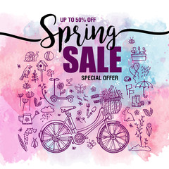poster Spring sales, set of black icons and symbols with bike on a watercolor background, flyer templates with lettering. Typography poster, card, label, banner design element. Vector illustration