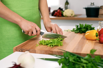 Close up of  woman's hands cooking in the kitchen. Housewife slicing ​​fresh salad. Vegetarian and healthily cooking concept
