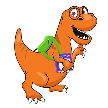 cute dinosaur with glasses and textbook wearing backpack walking to school
