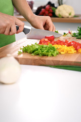 Obraz na płótnie Canvas Close up of woman's hands cooking in the kitchen. Housewife slicing ​​fresh salad. Vegetarian and healthily cooking concept