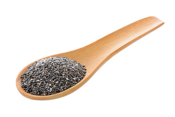 Chia seeds in wood spoon isolated on white background.