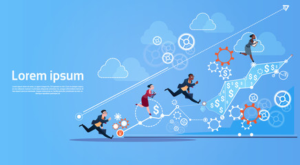Business People Group Run Team Finance Graph Competition Concept Flat Vector Illustration