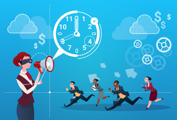 Businesswoman Hold Megaphone Business People Group Run Clock Businesspeople Time Deadline Concept Flat Vector Illustration